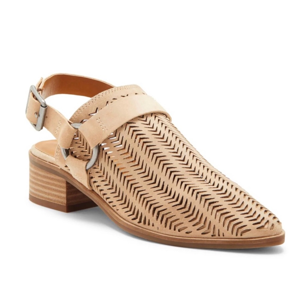 NEW Lucky Brand Kaedey Slingback Harness Block Heel Bootie Clog Suede Stone 8.5